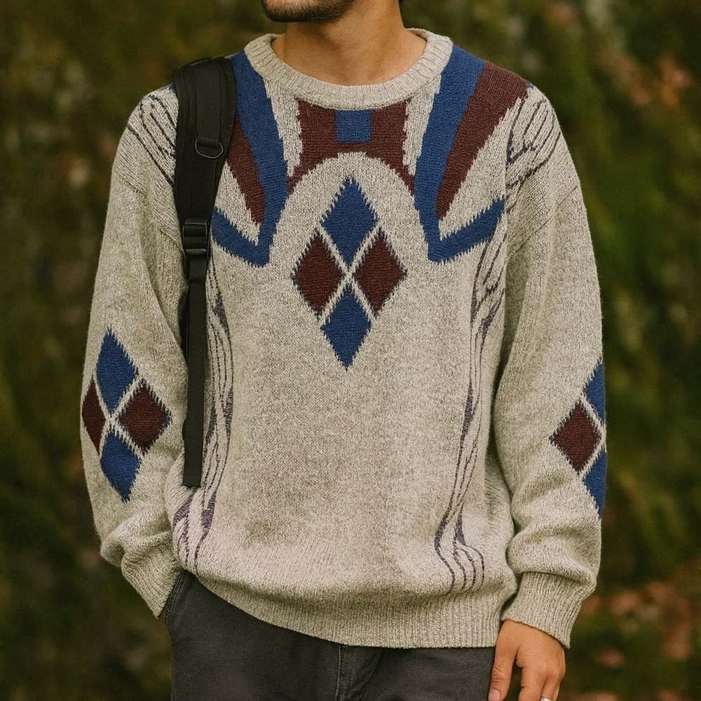 Vintage Oakton Limited Mens Crew Neck Geometric Knit Sweater Sz L Acrylic Beige